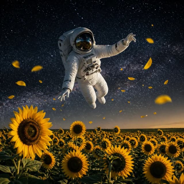 Von KI erzeugtes Bild: Astronaut schwebt in einem Sonnenblumenfeld unter dem Sternenhimmel