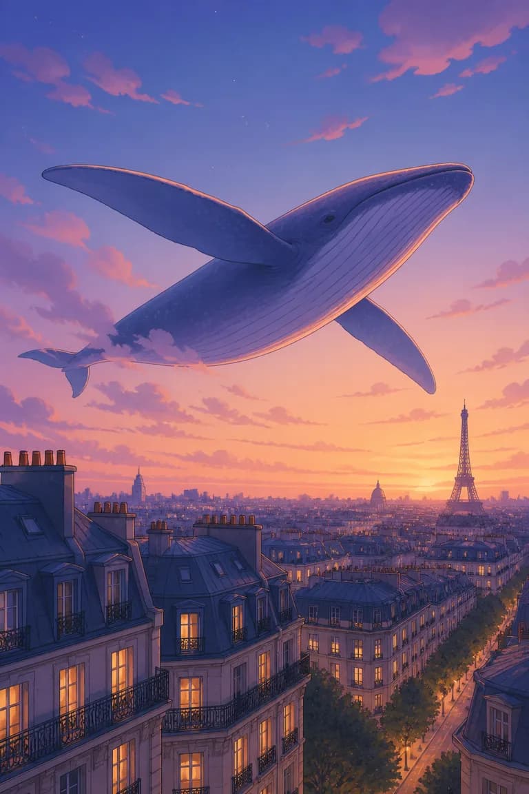 Von KI erzeugte Illustration: fliegender Wal über einer Stadt im Haussmann-Stil