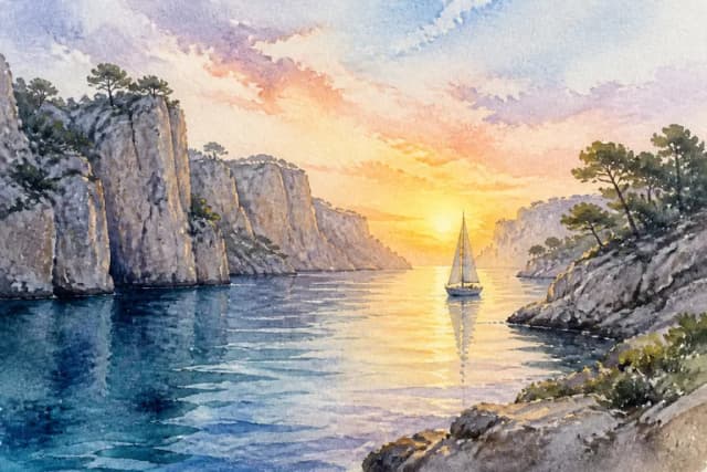 Von KI erzeugtes Aquarell: die Calanques von Cassis im Morgengrauen mit Segelboot