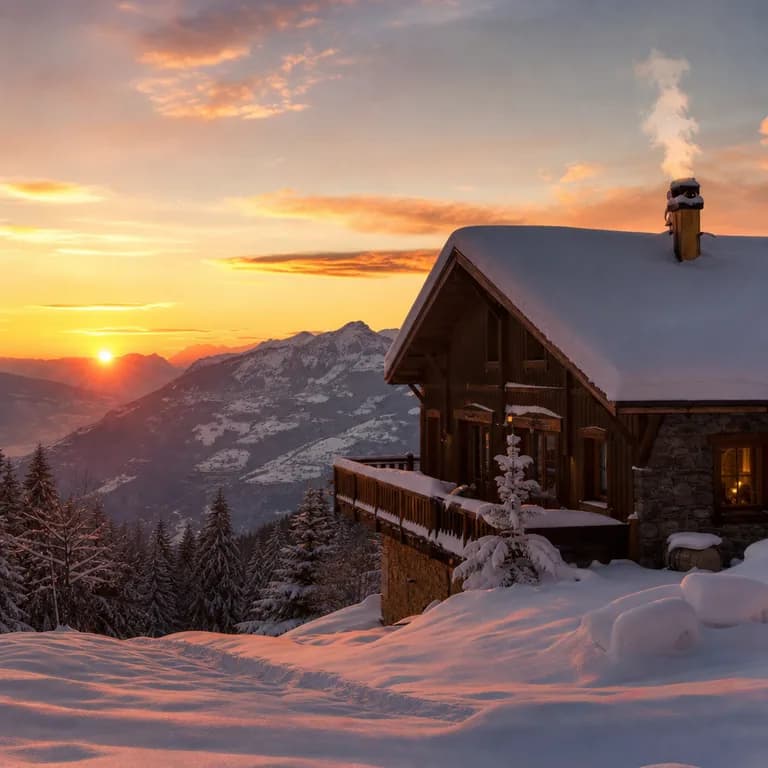 Von KI erzeugtes Bild: Berghütte bei Sonnenuntergang, realistisches Foto