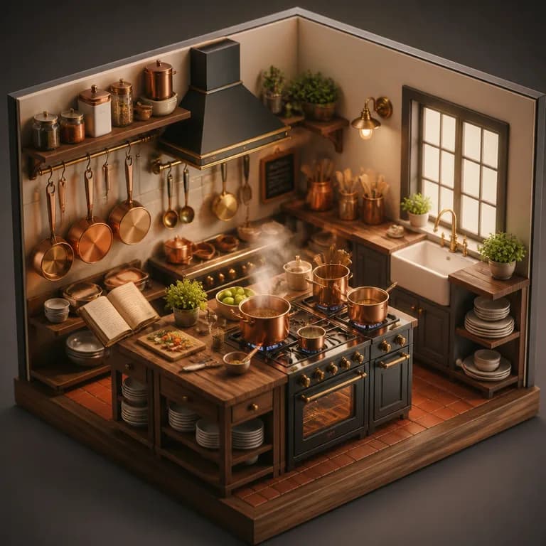 Von KI erzeugtes 3D-Rendering: isometrische Miniatur-Profiküche