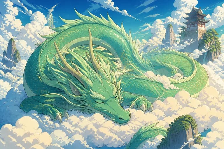 Von KI erzeugtes Bild im Anime-Stil: schlafender Jadedrache auf Wolken