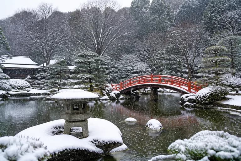 Von KI erzeugtes Foto: japanischer Garten im Schnee mit roter Brücke