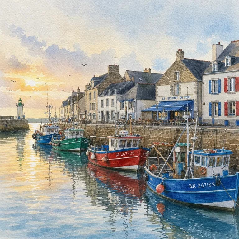 Von KI erzeugtes Aquarell: Fischerhafen mit bunten Booten im Morgengrauen