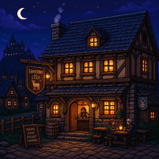 Von KI erzeugte Pixel-Art: Taverne in einem Fantasy-Dorf bei Nacht