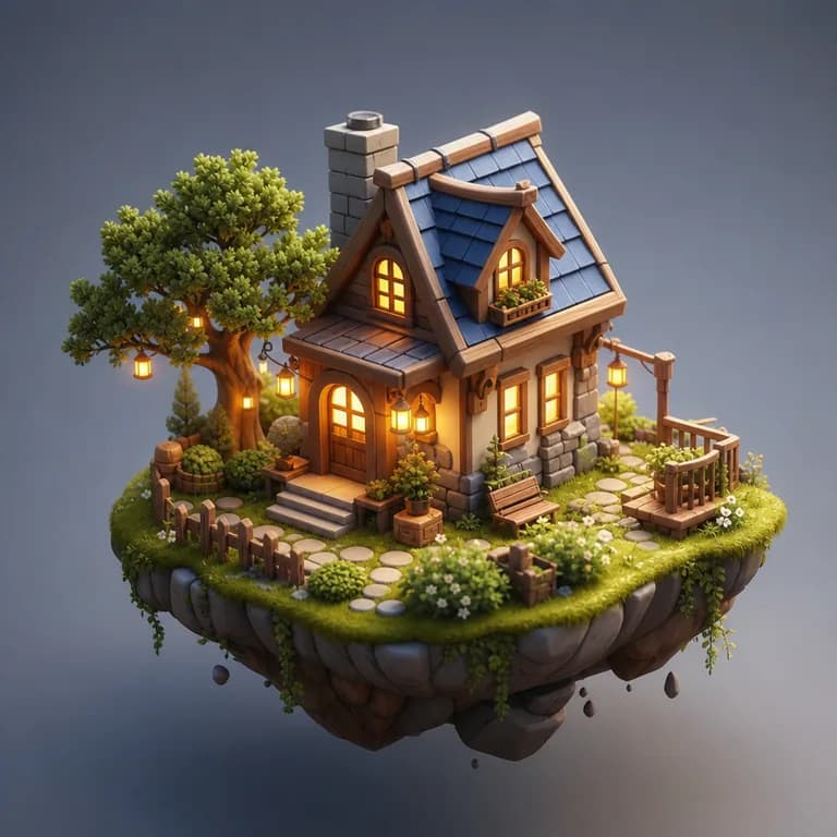 Example 3D render created with AI: isometric house on a floating island