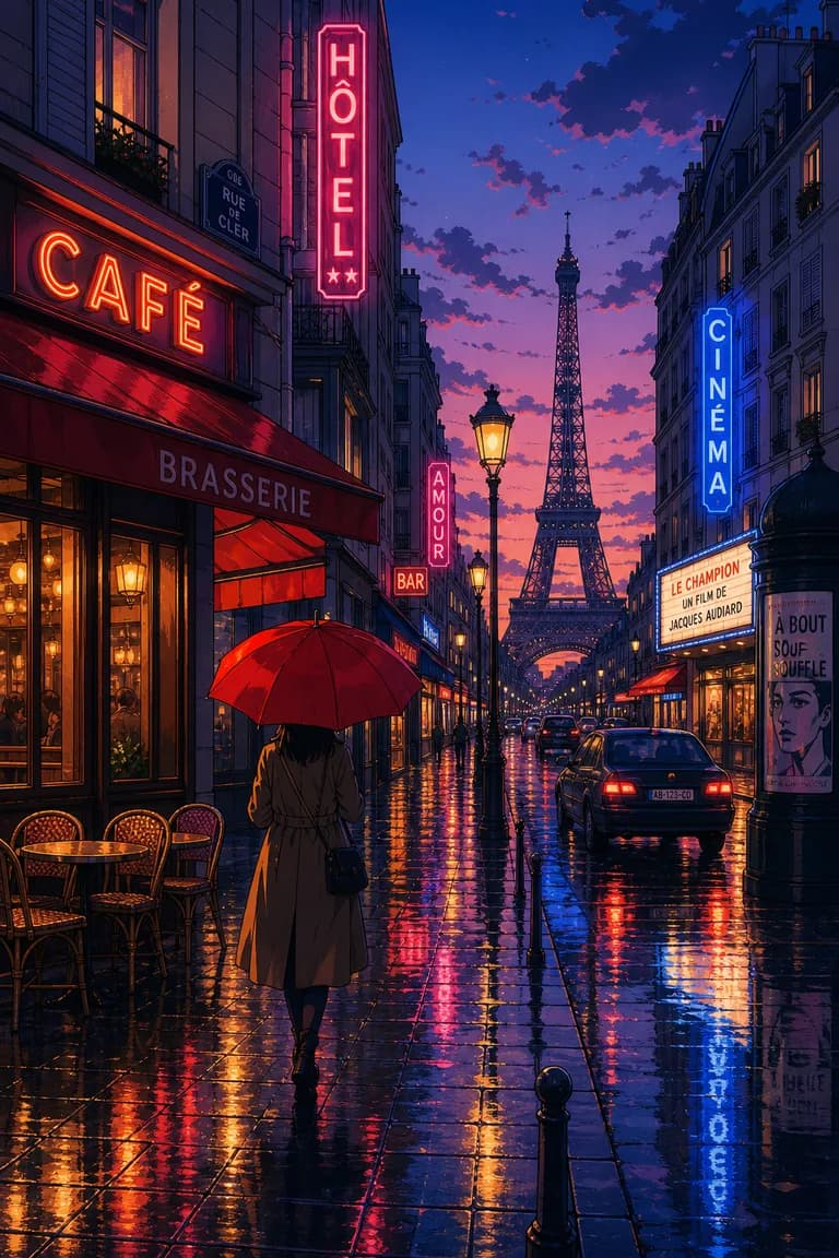 Example anime-style AI image: Paris street in the rain with a red umbrella